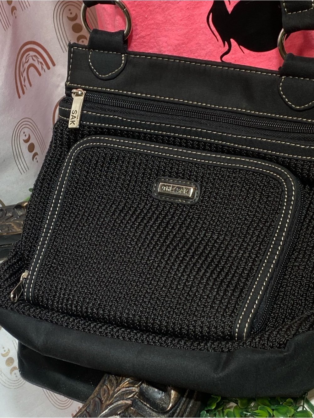 The Sak Black Crochet Front Crossbody Tote with Silver Accents